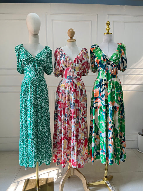 Summer V-Neck Puff Sleeves Back Tie Maxi Dress